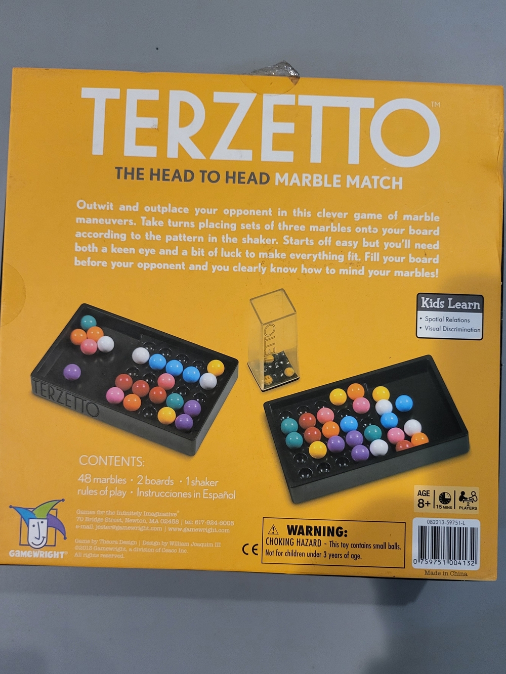 Terzetto Marble Match Game - Yellow Box with Multicolored Marbles
